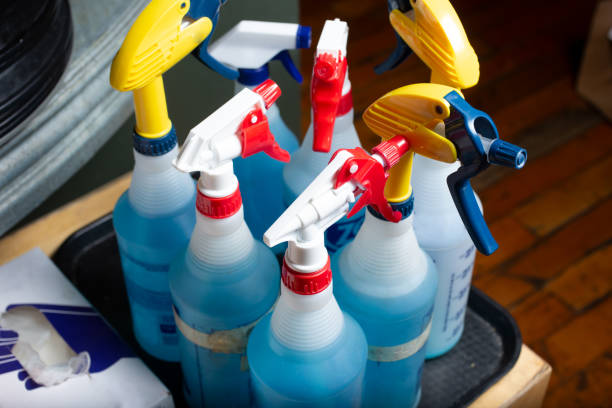 A view of several spray bottle nozzles.