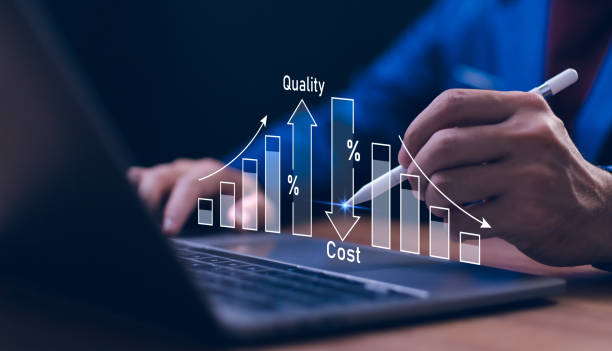 Cost and quality control, concept of balancing efficiency and cost in business strategy. Project management. Businessman working on digital laptop with quality control growth graph and cost reduction.